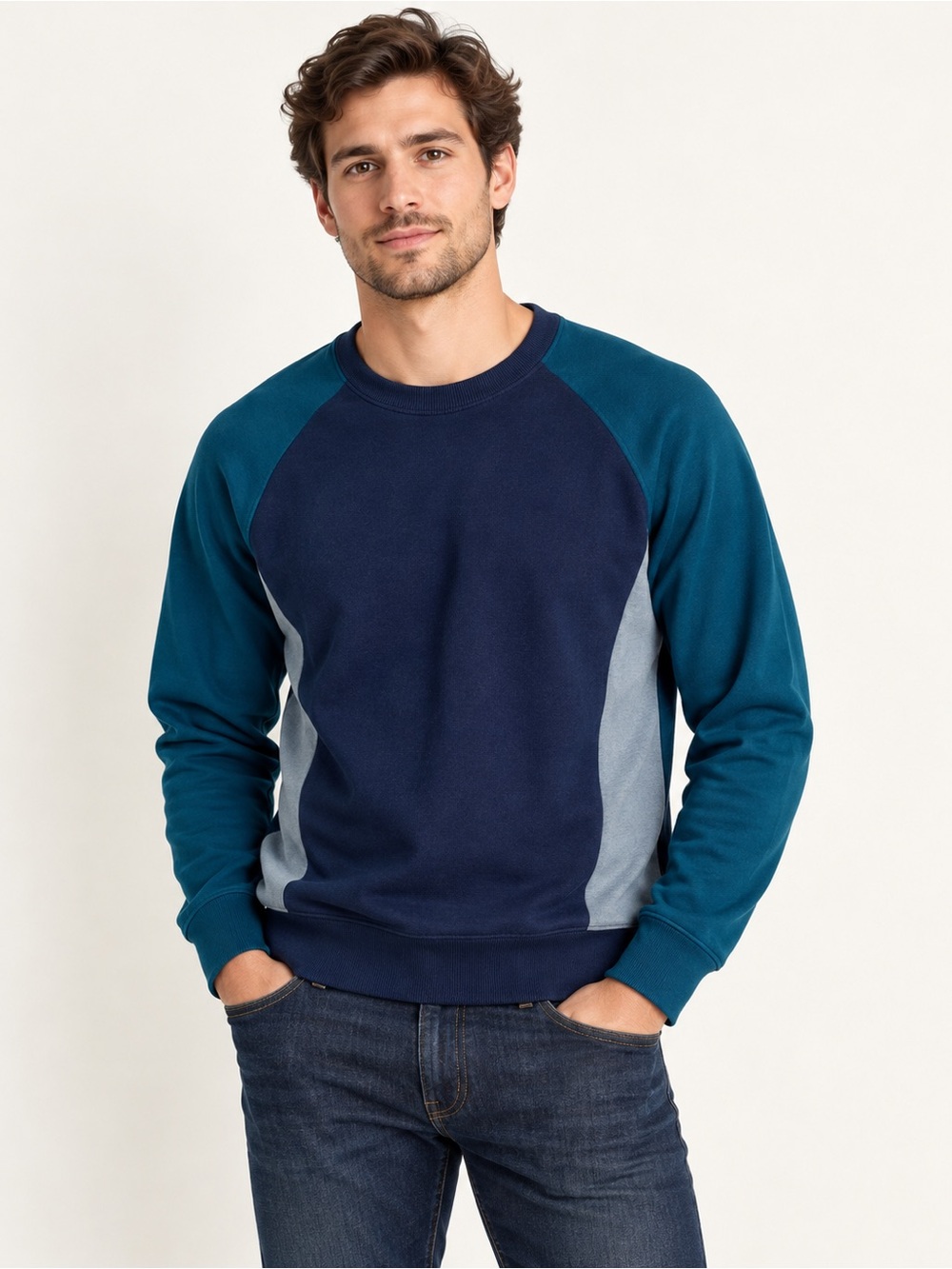Zara Men’s Colorblock Crewneck Sweatshirt Navy Teal Gray Size M New With Tags